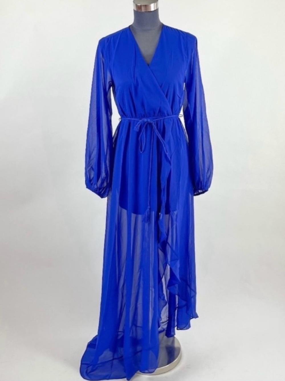 Royal Blue Sheer Chiffon Wrap Asymmetrical Maxi Dress with Tie Waist